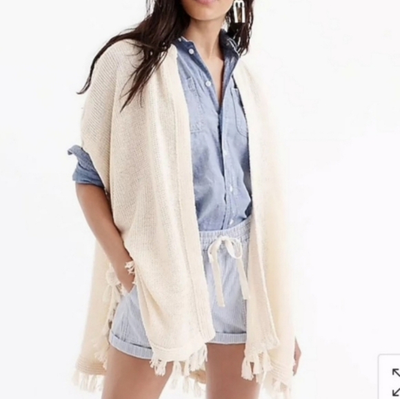 J. Crew Sweaters - J. Crew Cream Knit 100% Linen Fringe Poncho Cardigan Sweater Womens Size XL